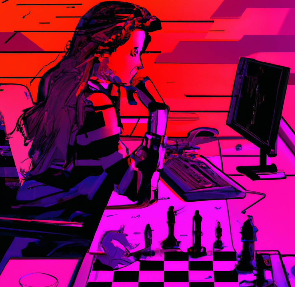 a female chess player on a computer