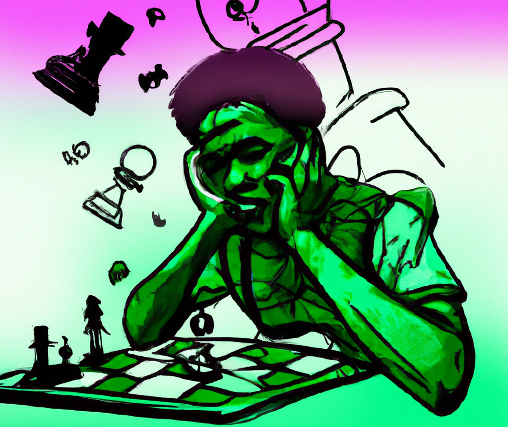 A chess player looking stressed at a chess board