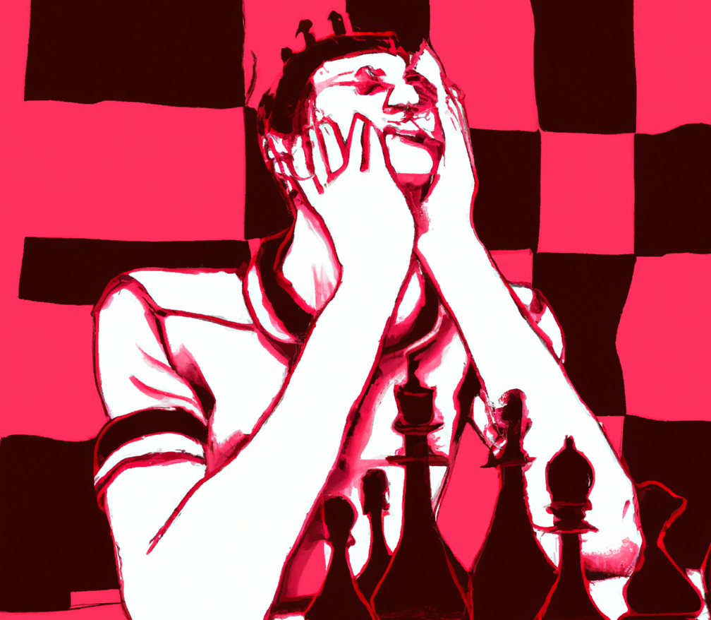 A stressed man playing chess