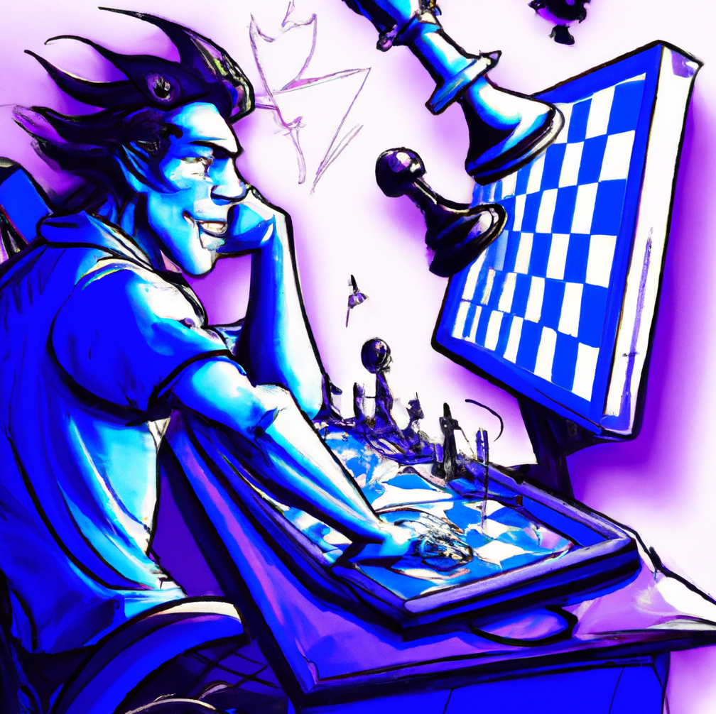 A chess player in front of a computer