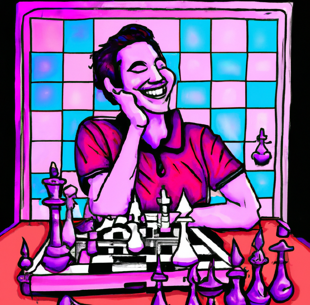 A happy man playing chess, seemlingly without stress