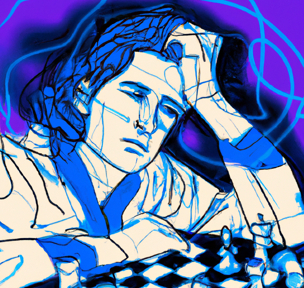 A chess player sitting in front of a chess board, seemingly in stress