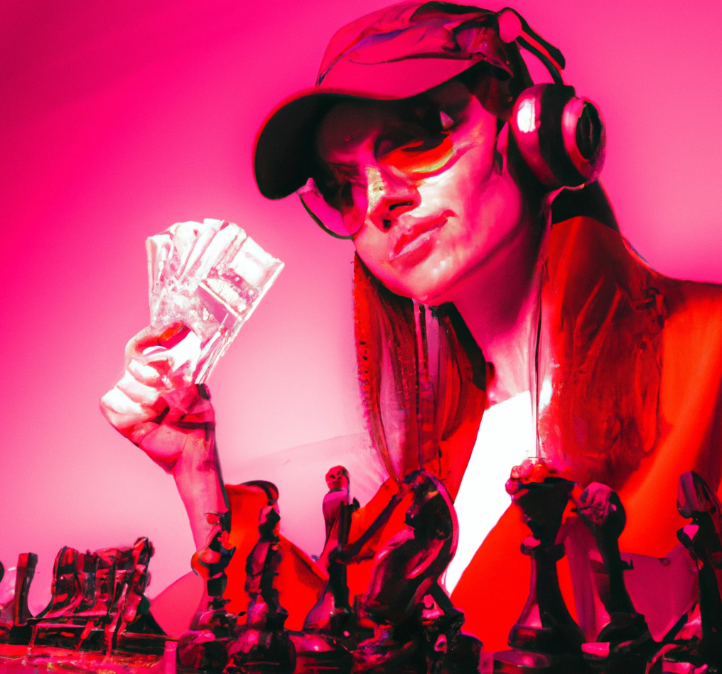 woman chess player posing with money made from chess
