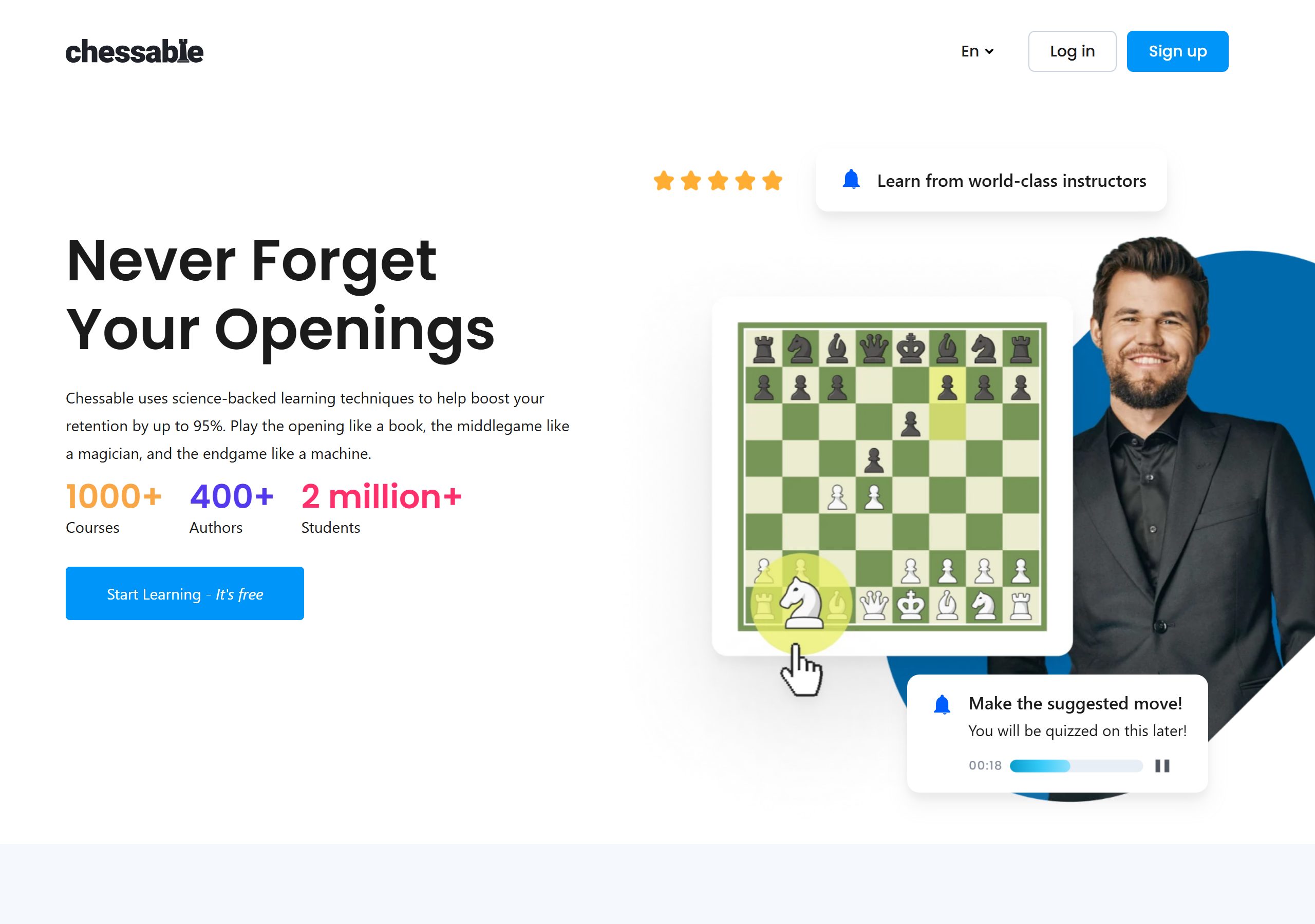 the chessable home page showing the retention claim and the move trainer demo board
